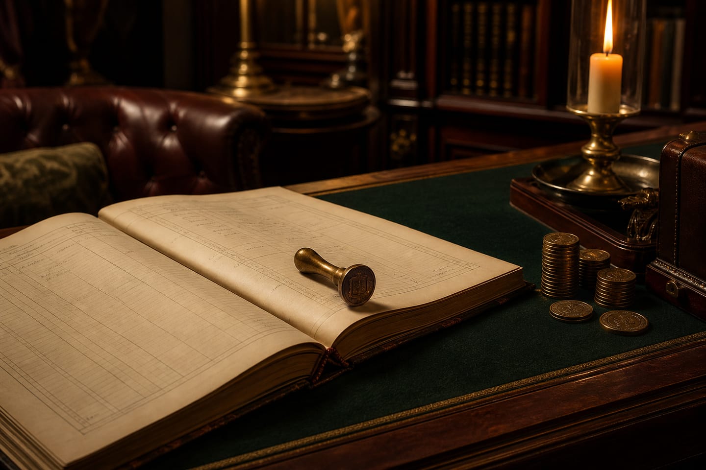 Open club ledger with a brass seal stamp and stacked brass coins on a mahogany table