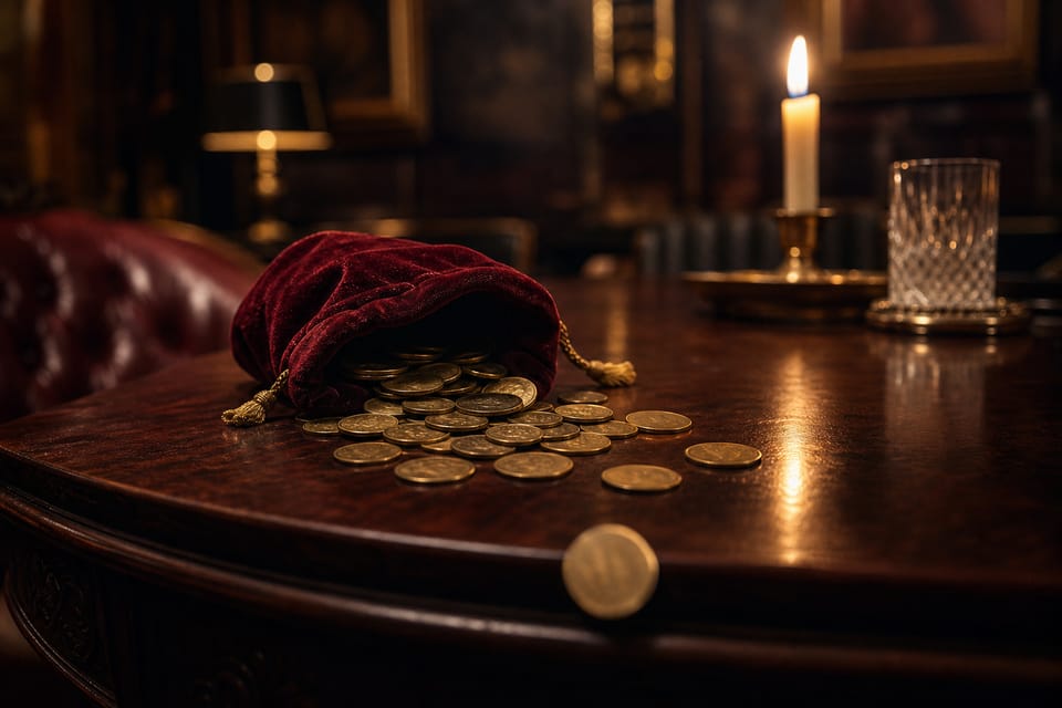 Brass coins spilling from a velvet pouch across a mahogany table