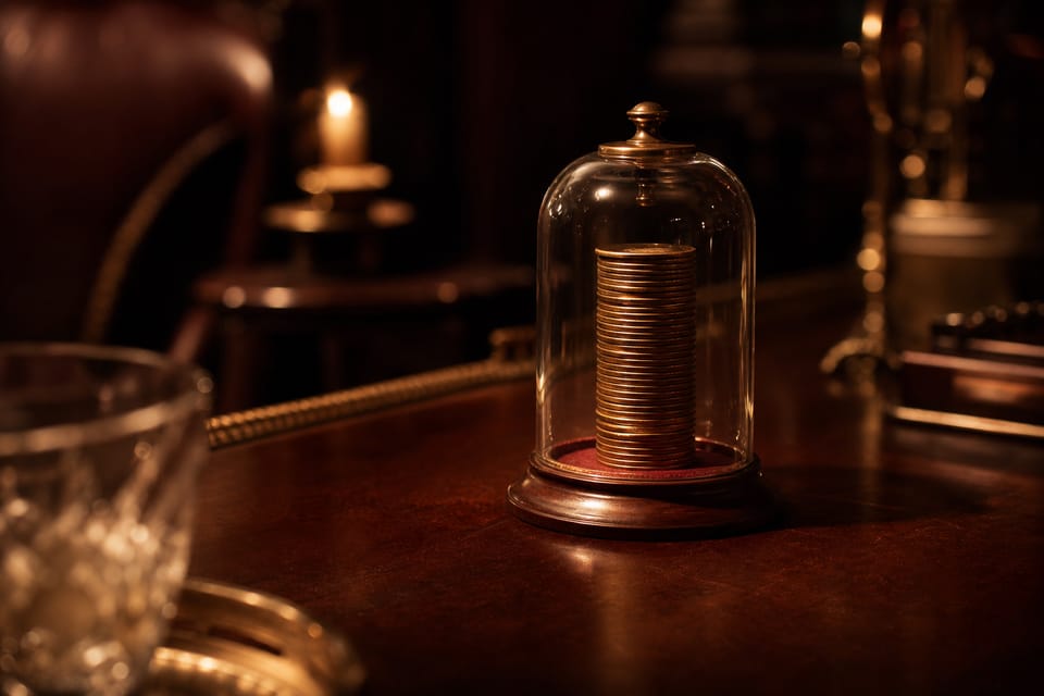 Tall stack of brass coins under a glass display dome on mahogany