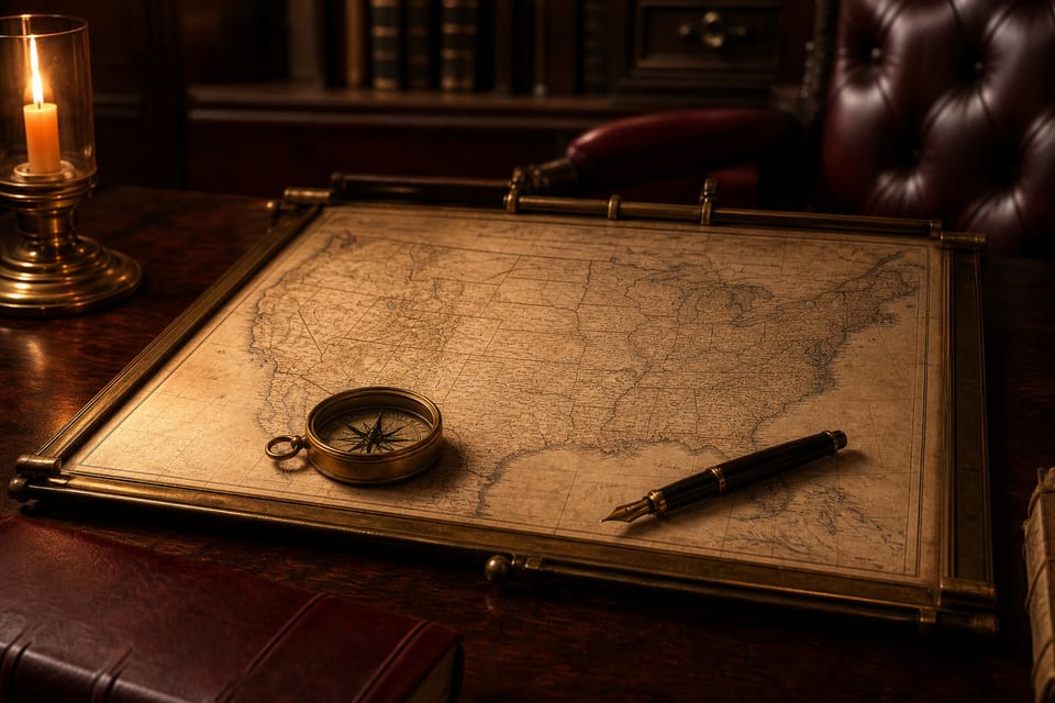 Brass-framed map of the United States on a mahogany desk with compass and fountain pen