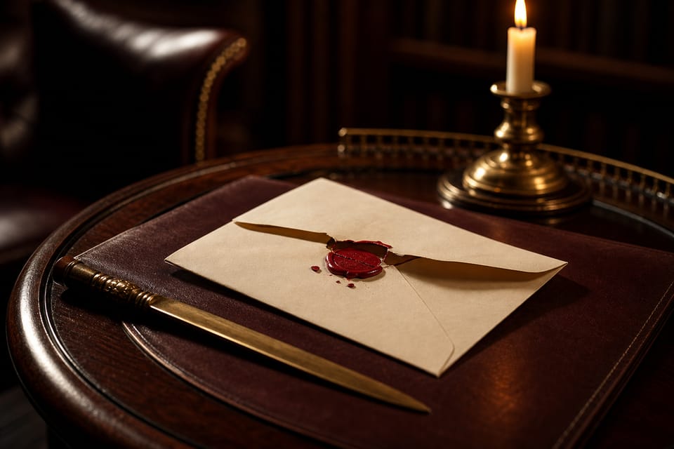Ivory envelope with a freshly broken red wax seal on a mahogany side table